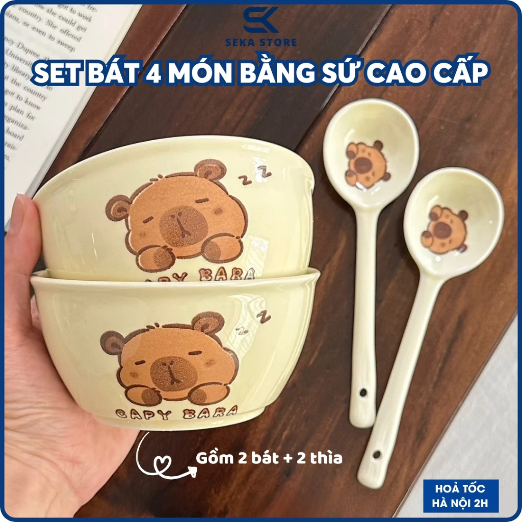 Bộ Bát Sứ Ăn Cơm Hoạ Tiết Chuột Capybara 2 Bát Kèm 2 Thìa Siêu Dễ Thương, Bát Ăn Cơm Đôi BDX010