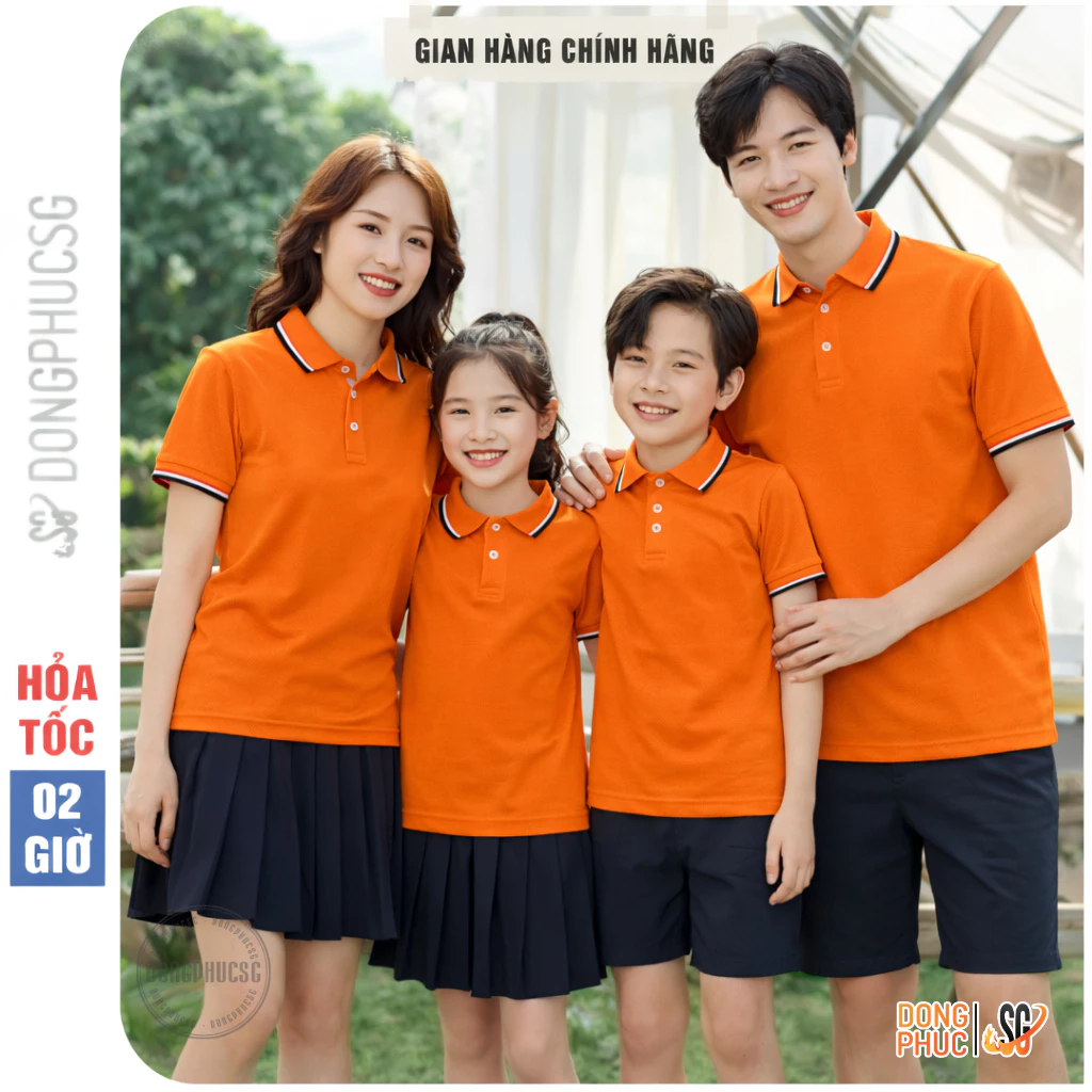 Áo gia đình có cổ polo màu cam chất vải cá sấu dày dặn đồng phục cho bé trai gái A3SC DONGPHUCSG