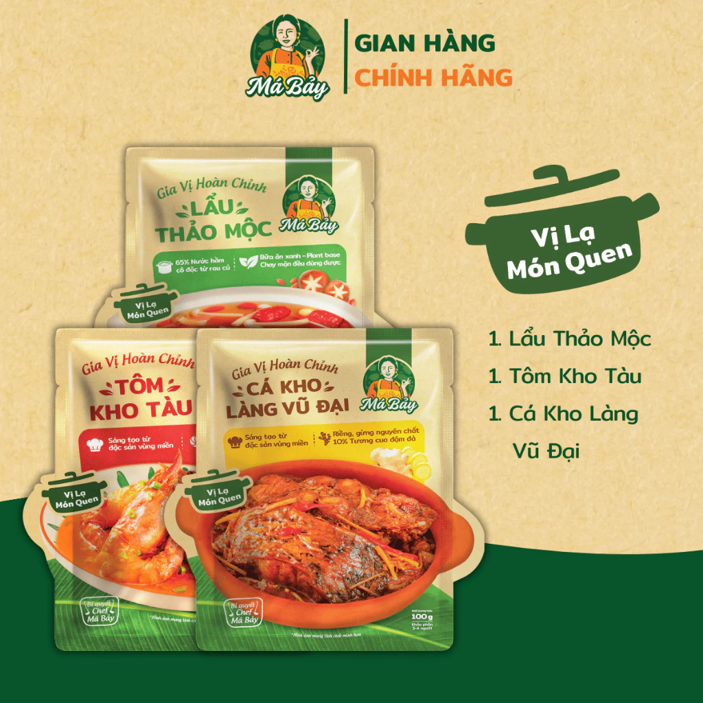 Bộ gia vị vị lạ món quen Má Bảy tôm kho tàu lẩu thảo mộc cá kho làng Vũ Đại cơm nhà tiện lợi