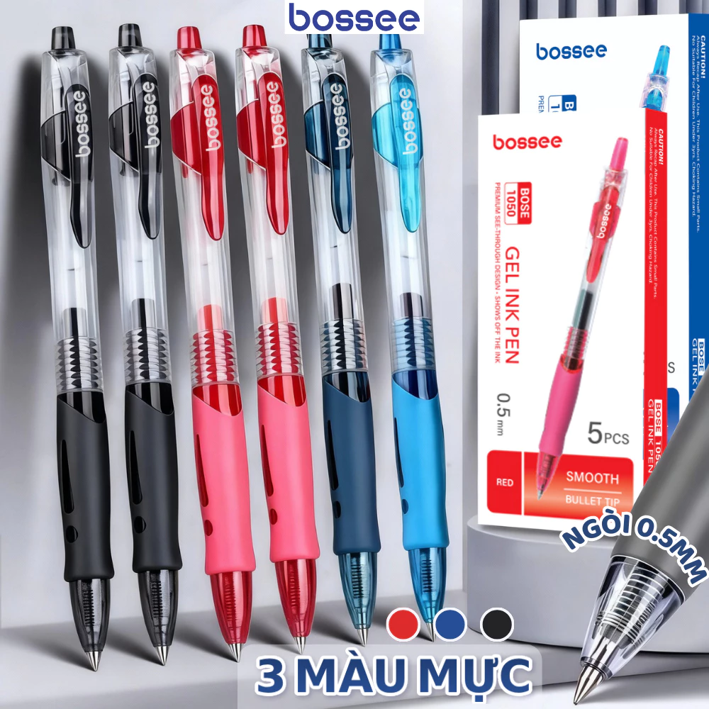 Hộp 10 bút gel Bossee ngòi chóp 0.5mm nhanh khô, bút bi béo văn phòng kiểu dáng basic sang trọng, đệm cao su êm tay