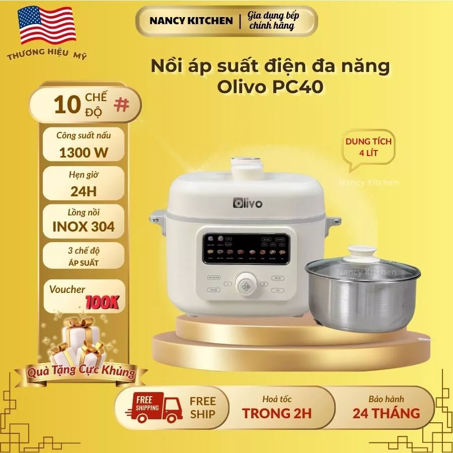 [Chính hãng] Nồi áp suất Olivo PC40,10 chế độ,công suất 1300w,lồng inox 304,bh 24 tháng,4 lít