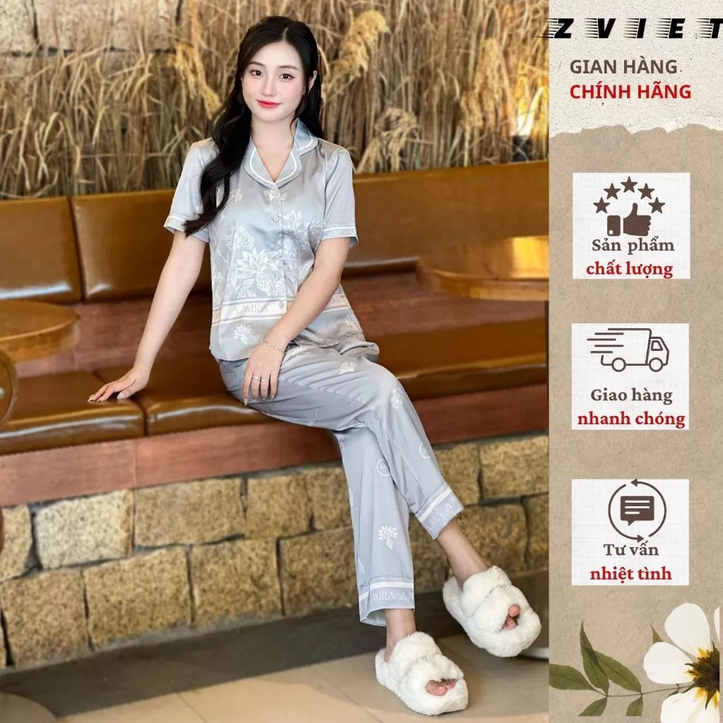 Bộ Pijama Lụa Latin ZVIET ZV16 – Quần Dài, Tay Cộc Mềm Mịn,Thiết Kế Thanh Lịch Cho Phụ Nữ ,Mẹ Bỉm