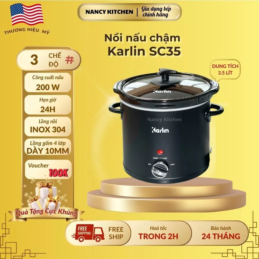 [Chính hãng] Nồi nấu chậm Karlin SC35,thể tích 3.5 lít,lồng gốm, 3 chế độ,bảo hành 24 tháng