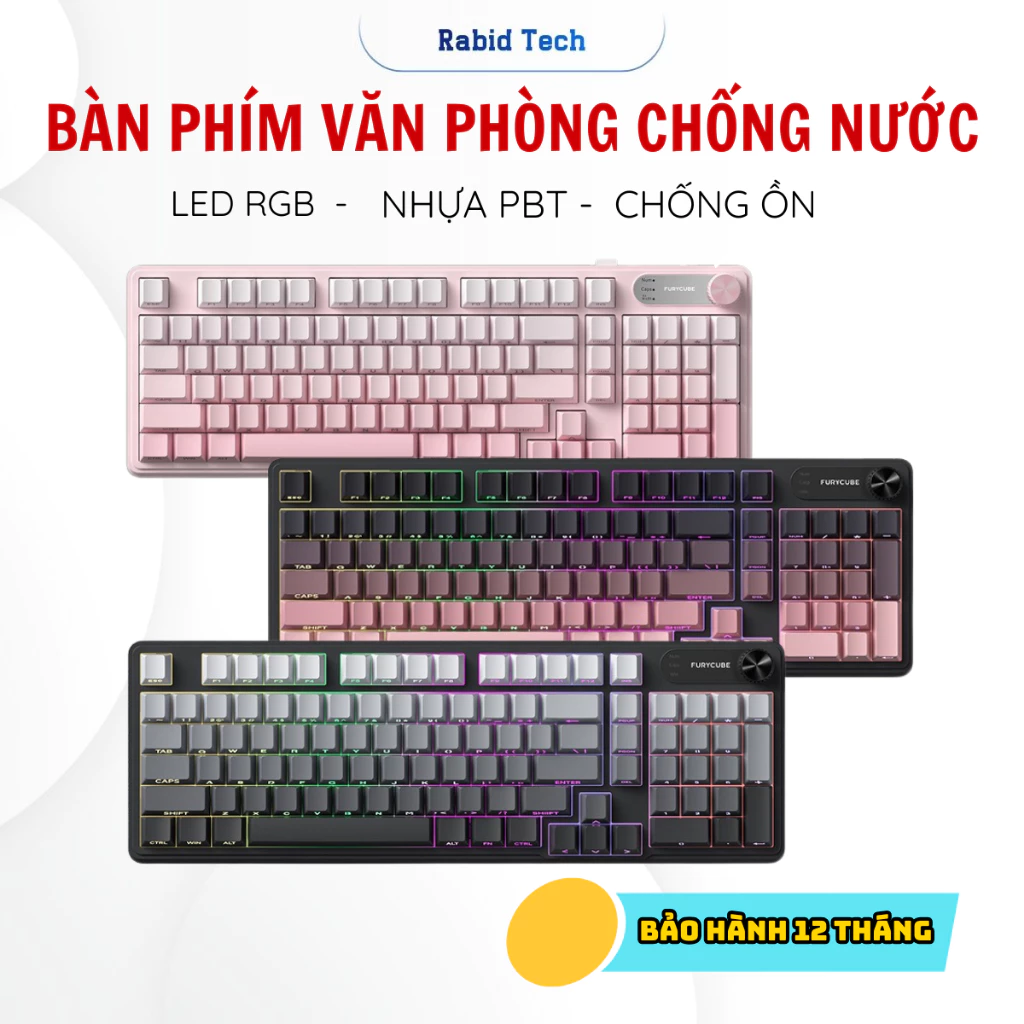 Bàn Phím Không Dây Rabid IP98, Bàn Phím 3 Mode LED RGB, Có núm xoay, Chống nước, Phím PBT, Chống Ồn-BH12T