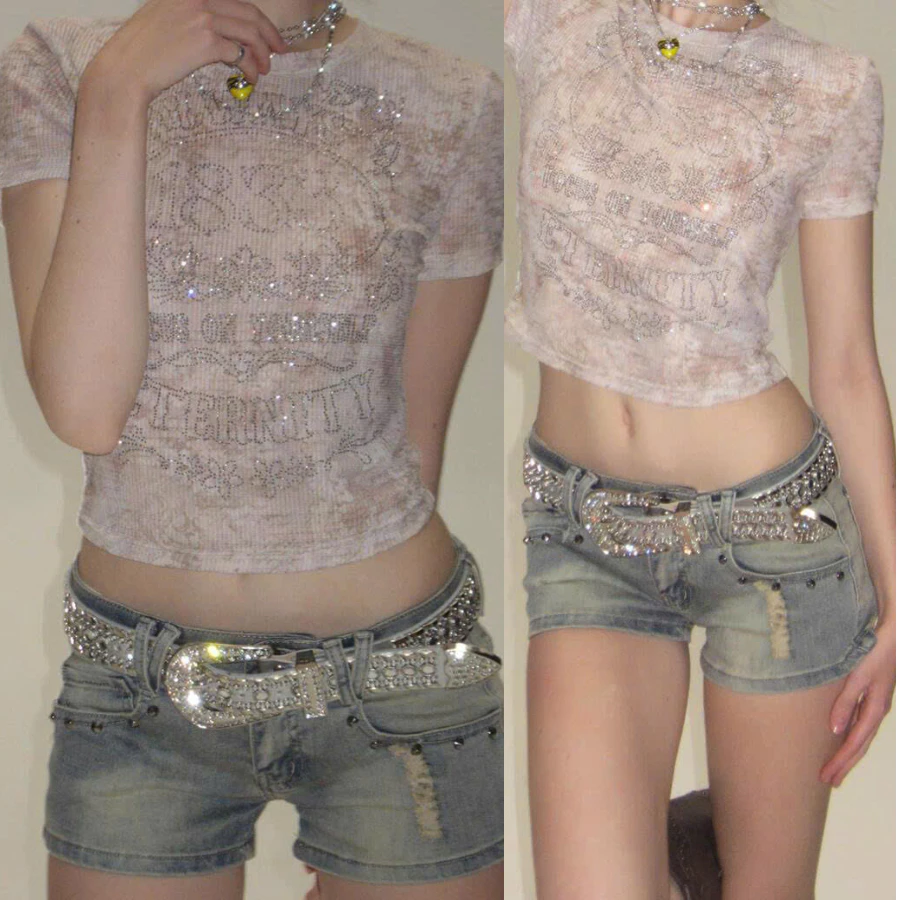 Áo croptop nữ họa tiết sequin lấp lánh phong cách Y2K – Ôm body