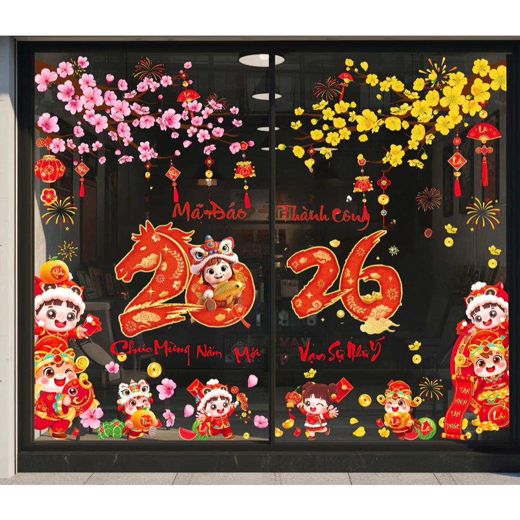 Decal Tết 2026 trang trí năm mới Bính Ngọ , decal tĩnh điện chữ Tiếng Việt, dán cửa kính hai mặt
