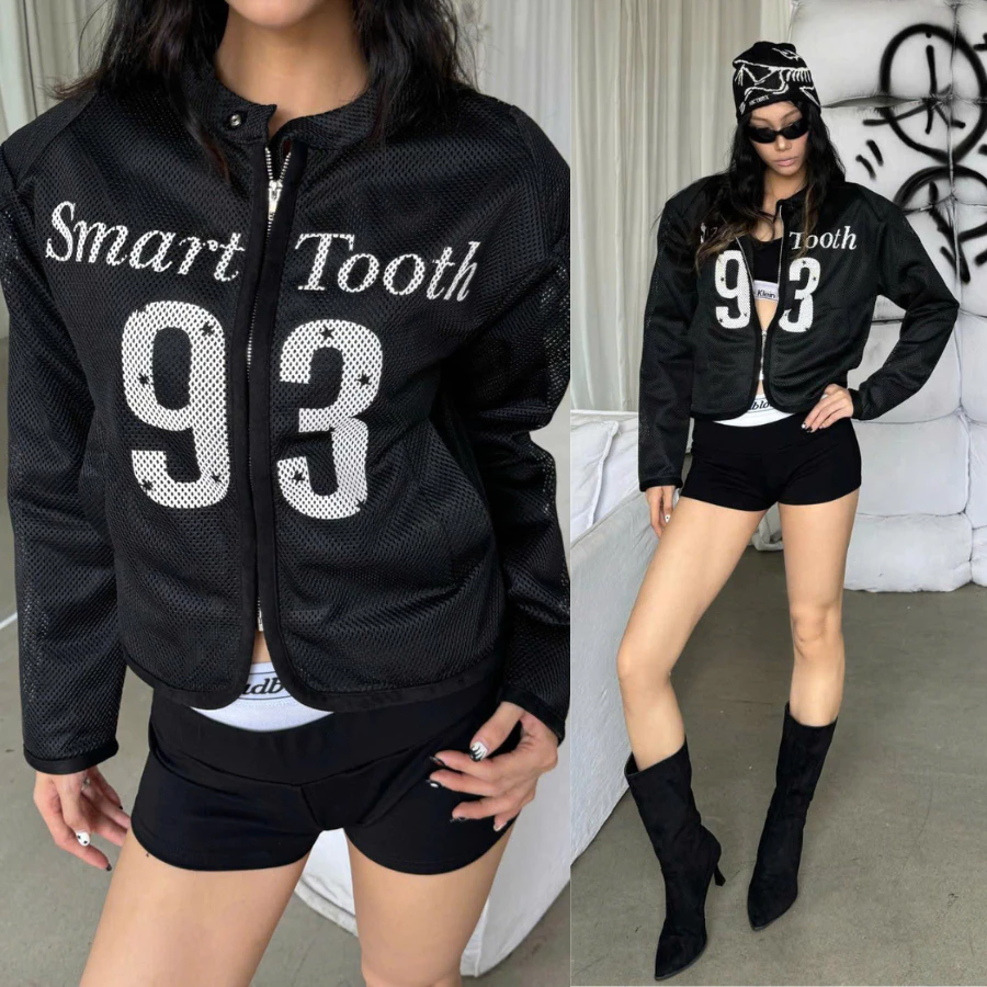 [DEAL MỞ BÁN] Áo khoác lưới mesh zip nữ unisex in số 93 – Cropped streetwear