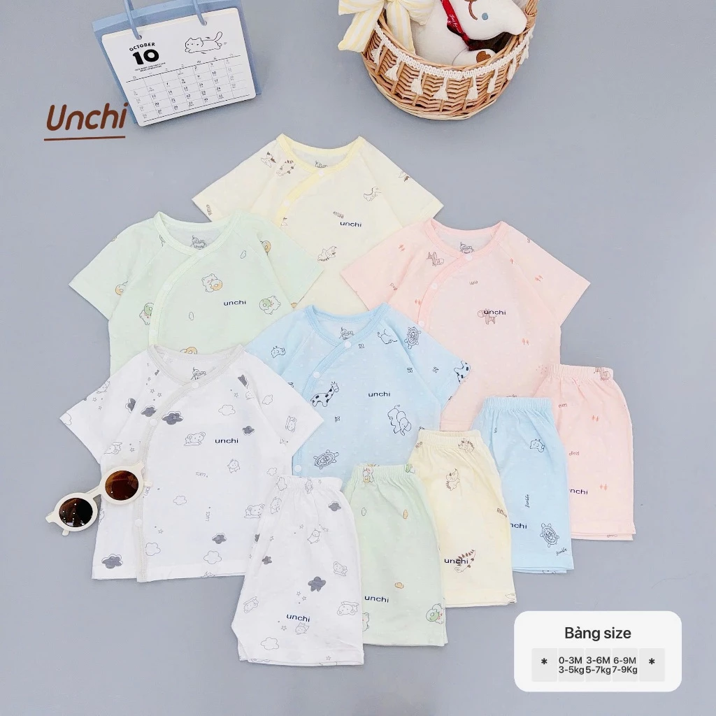 BC1. Bộ Sơ Sinh Cộc Tay Unchi Vải Petit Bamboo Vân Nổi In Họa Tiết Mềm Mịn Mỏng Mát Cho Bé Từ 3-8kg