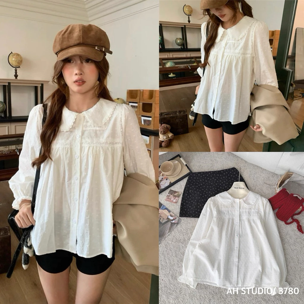 Áo sơ mi cổ sen viền ren dáng babydoll vải thô ren hạt tay dài siêu xinh A3780