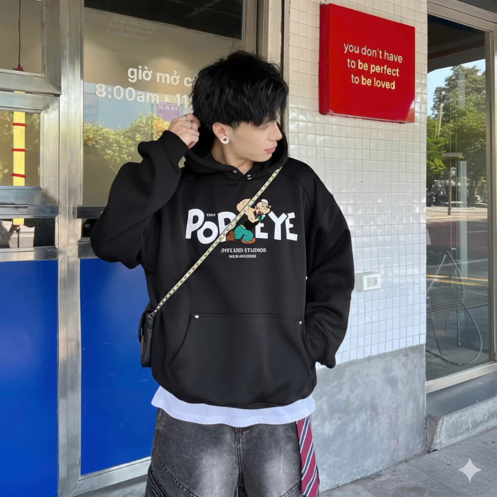 Áo hoodie dài tay dây rút in chữ POPEYE ông người - Khoác nỉ mùa đông học sinh form rộng rãi, màu sắc nổi bật, bắt mắt