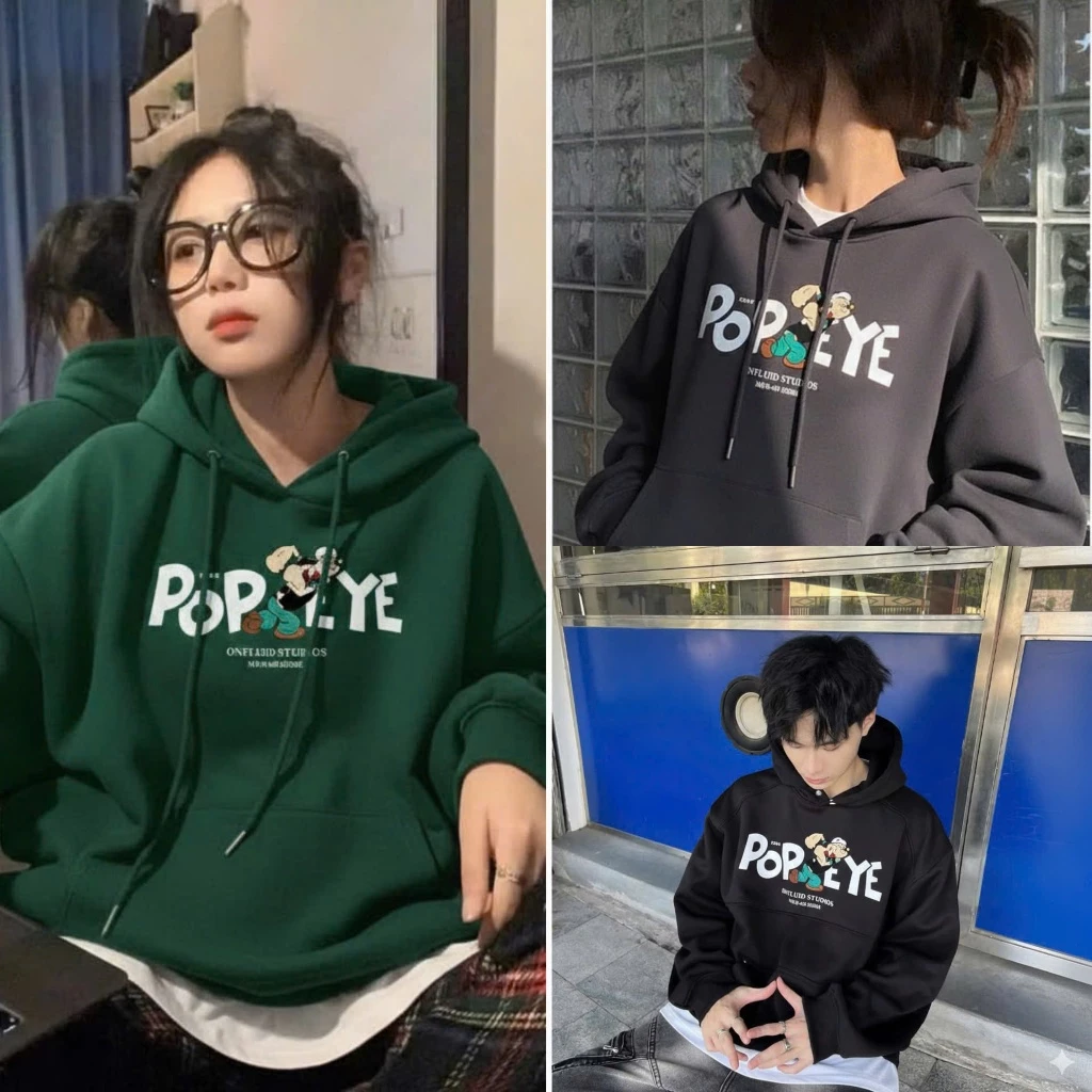 Áo hoodie nỉ ngoại học sinh oversize in chữ POPEYE - Áo khoác nỉ form thụng họa tiết trẻ trung, phong cách đường phố