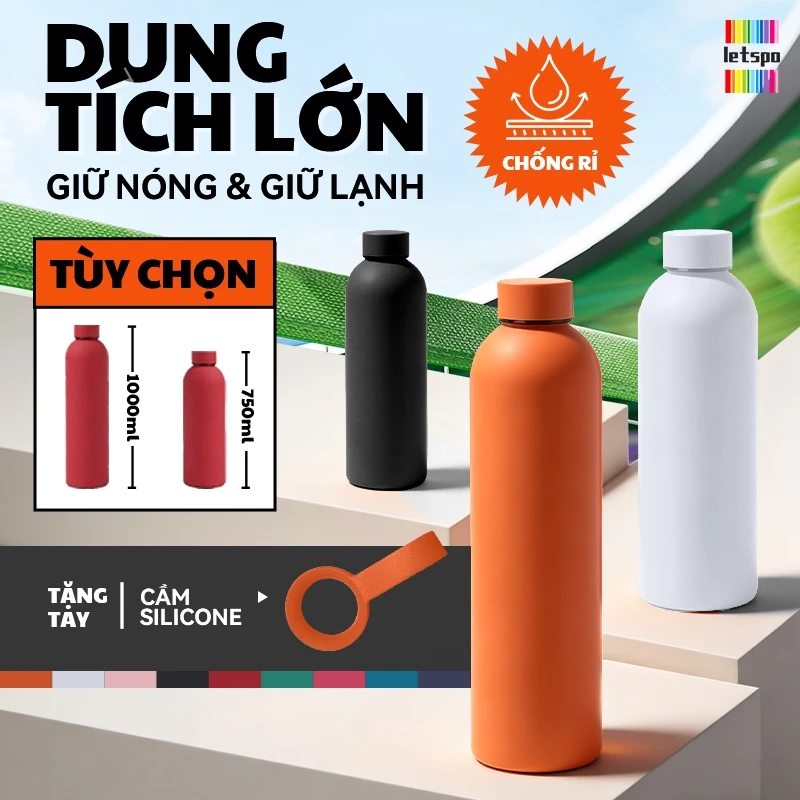 Bình thể thao giữ nhiệt, vỏ chống trượt chịu lực. Inox 304 an toàn, không mùi, không BPA.