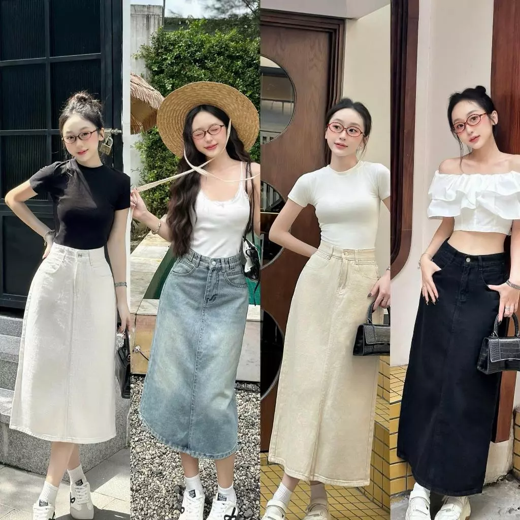 (Có váy cho nấm) M06 Chân váy jeans nữ from A nhẹ 4 màu dài 70cm và 85cm tron xẻ sau không co giãn khonhamai