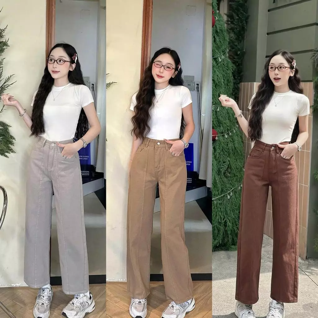 (Suông 88cm, 100cm) M27 Quần jeans suông nữ, quần bò nữ, quần ống rộng nữ màu nâu hot trend   Không co giãn khonhamai
