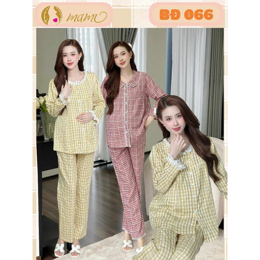 Bộ đồ bầu và sau sinh bô mặc nhà MAMI BĐ11 họa tiết kẻ caro trẻ trung, chất liệu đũi mềm mại bộ đồ bầu thiết kế chất đũi