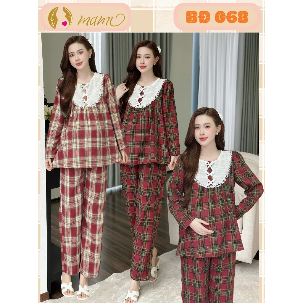 MAMI Bộ Đồ Bầu Sau Sinh MAMI BD 068 Gồm Áo Dài Tay Và Quần Dài Chất Liệu Nhung Mịn Mềm Mại Thoáng Khí Họa Tiết Trẻ Trung
