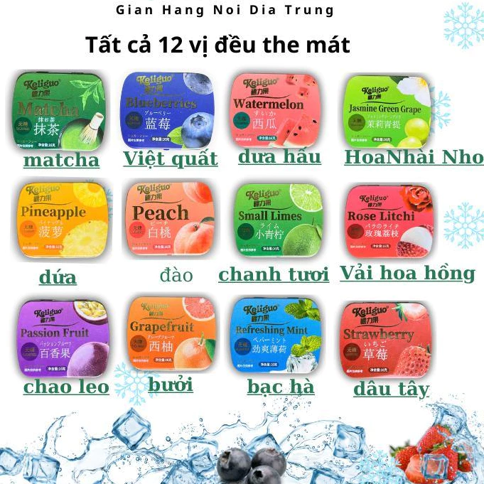 [Combo 12 vị] [Không Đường] Kẹo thơm miệng Keligo vị trái cây mát lạnh bạc hà vị hoa quả dạng Viên Kẹo Candy 23-25 viên
