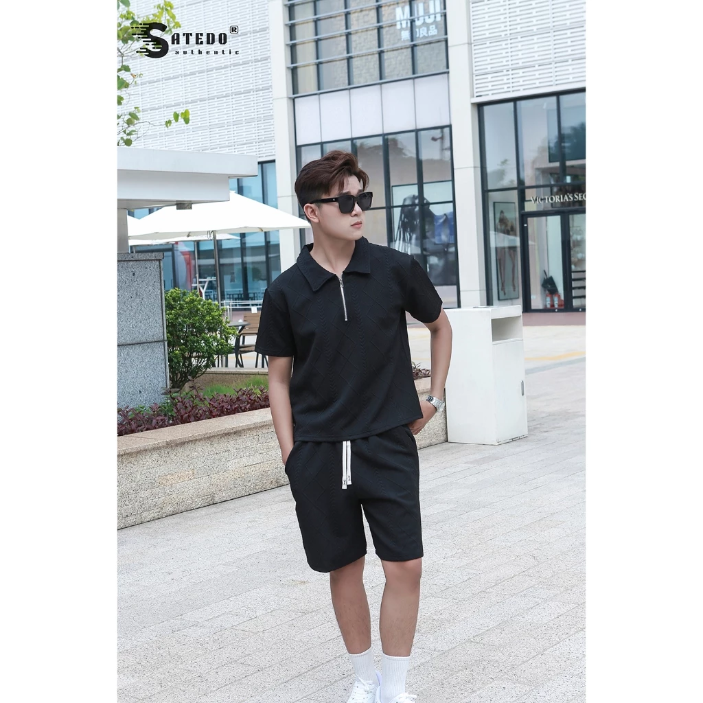 Set quần áo nam S ATEDO cổ bẻ mở khoá, quần short chất liệu Cotton xốp Waffle thấm hút mồ hôi, hoạ tiết chìm mã SP:S045