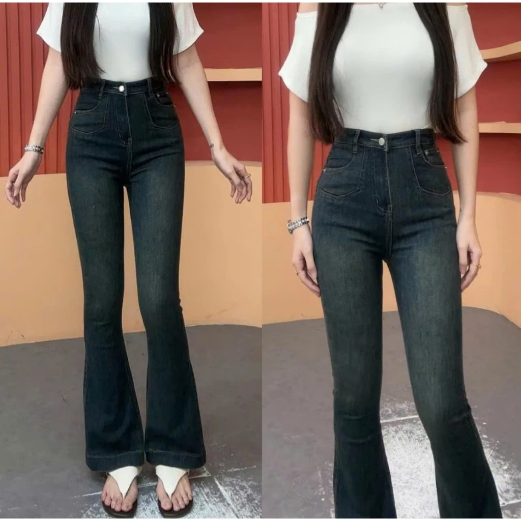 Quần Jean Nữ Ống Loe Ngắn Và Dài Cạp Cao Túi Bầu Màu Đậm Q354