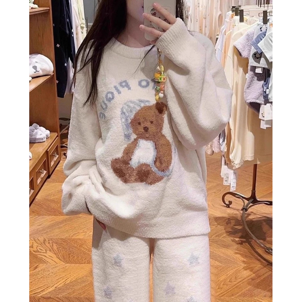 [Ord-860] Bộ Pijama ngủ lông gấu thỏ cho nữ chất dày dặn nặng tay hoạ tiết cute đáng yêu form rộng thoải mái mặc ở nhà