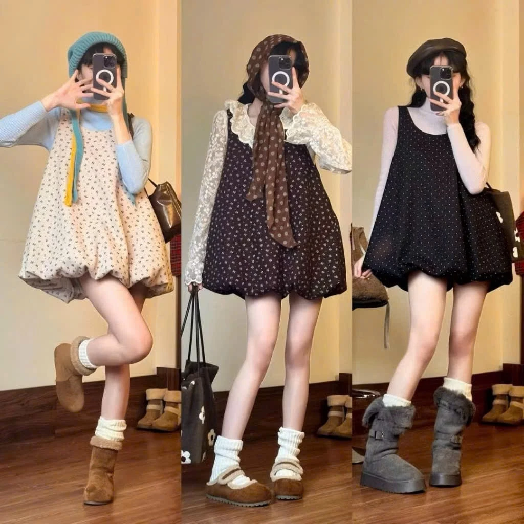 Set Váy yếm bí kèm áo Len cổ sóng dáng phồng chất dạ mềm họa tiết hoa nhí, chấm bi