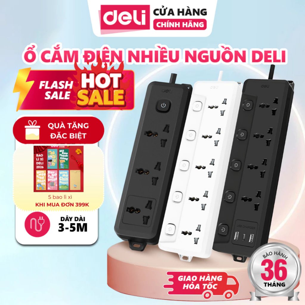 Ổ Điện Đa Năng Chính Hãng Deli Chống Cháy, Ổ Chịu Tải 2500W, Nhựa ABS Màu Đen Trắng Cho Văn Phòng