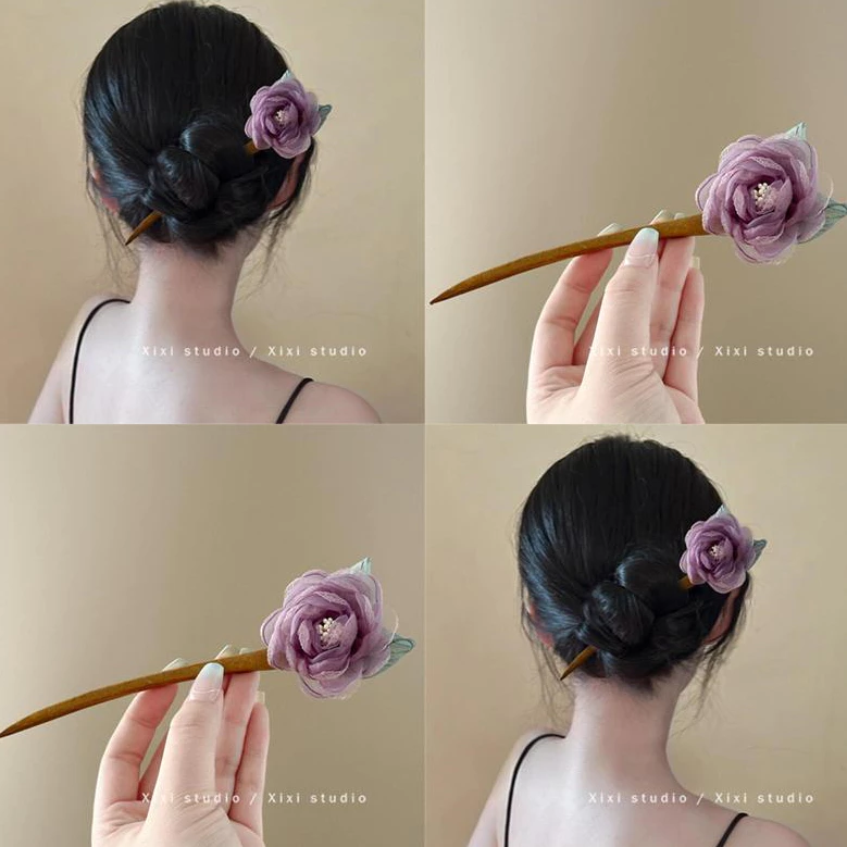 💜🌸 Trâm Cài Tóc Hoa Hồng Tím Cổ Phong – Phụ Kiện Cài Tóc Nữ Lưới Voan Dịu Dàng, Phong Cách Thanh Nhã Cổ Trang 🌿✨
