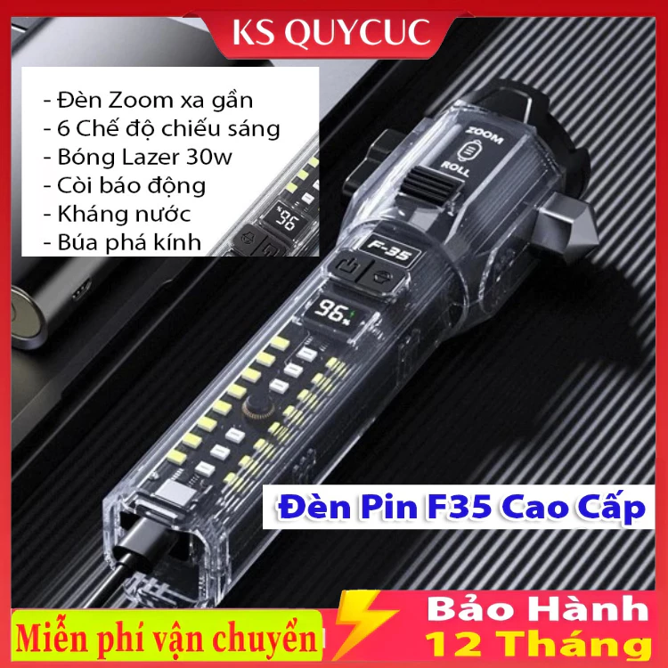 Đèn Pin F35 Led lazer siêu sáng cao cấp, còi báo động, cắt dây an toàn, phá kính, sạc cho điện thoại, chống nước