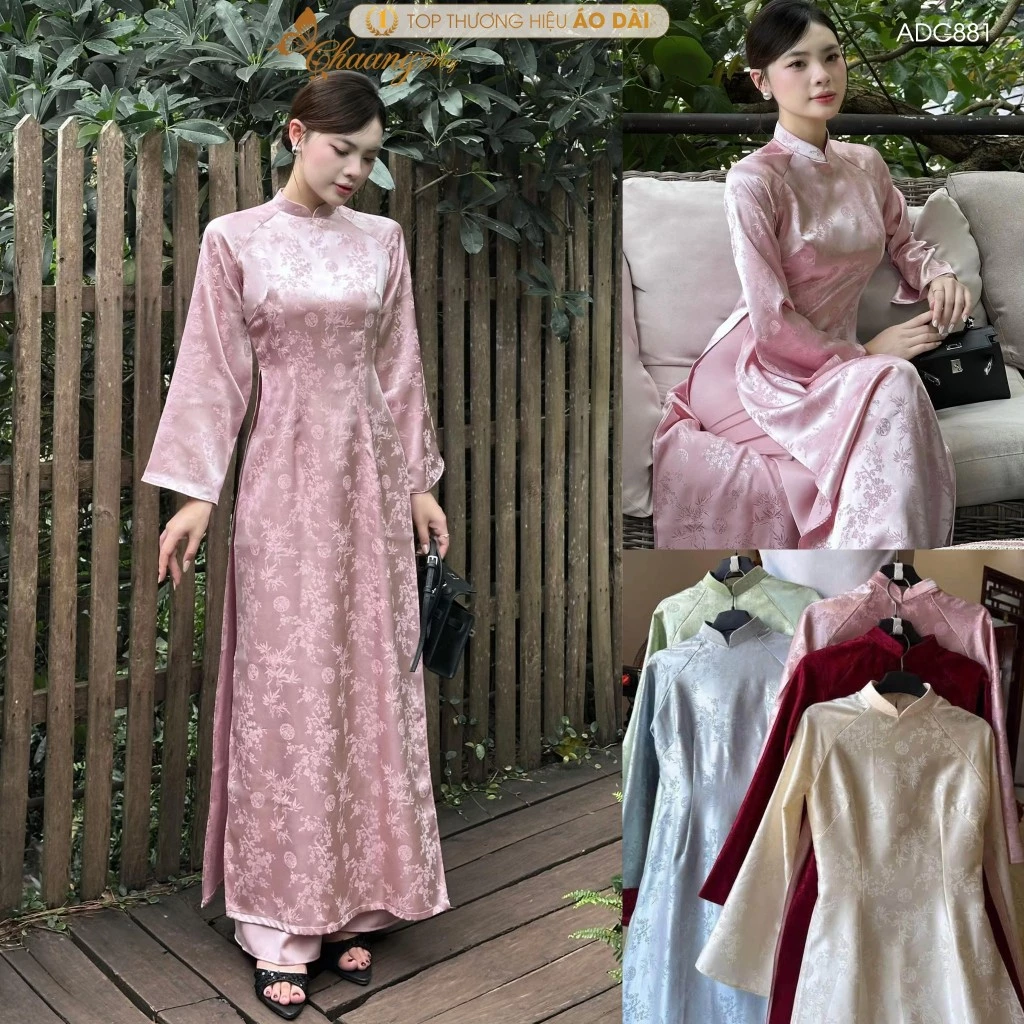 Áo dài truyền thống gấm hỷ trúc đào Ý Liễu ADC881 may sẵn tay loe giáo viên dự tiệc cưới lễ tết đẹp
