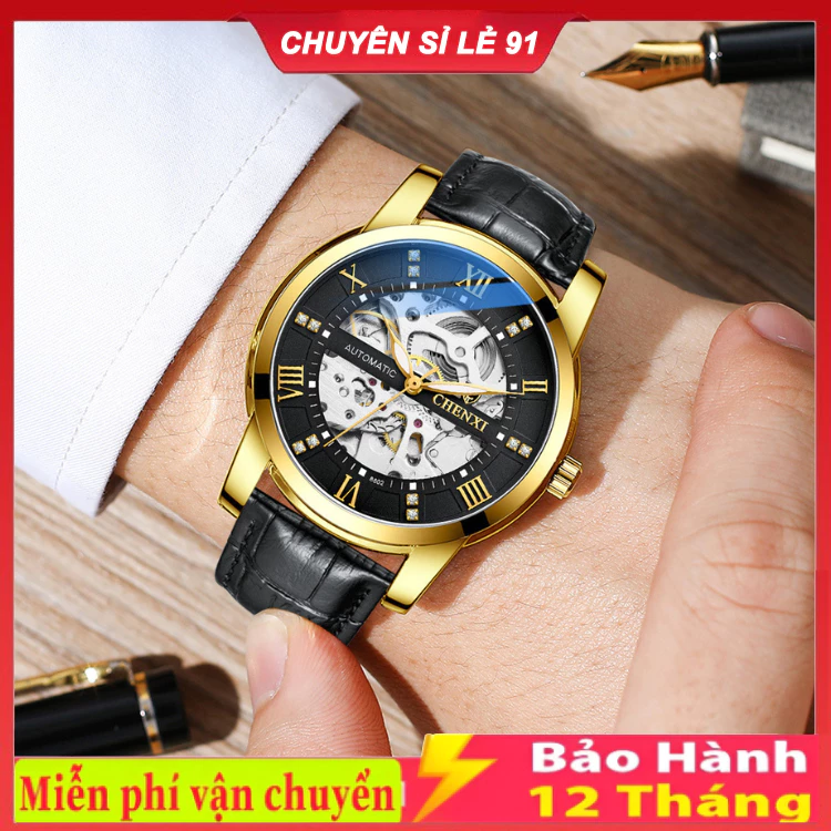Đồng hồ cơ nam Chenxi dây da và dây thép lộ máy tự động cao cấp CX-8802 , Tặng Kèm Vòng Tỳ Hưu