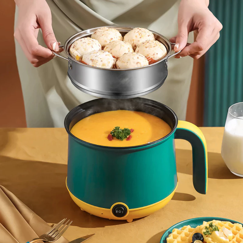 Nồi Lẩu Mini Đa Năng Có Tay Cầm, Nồi Điện Mini size 18cm Chống Dính Hai Tầng Đa Năng Tặng Kèm Khay Hấp Inox