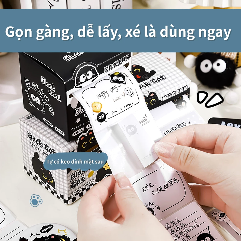 Giấy Note Đen Trắng Đơn Giản - Họa Tiết Mèo Đen Than Tổ Ong - Hộp Rút Nhắn Tin-quà Tết