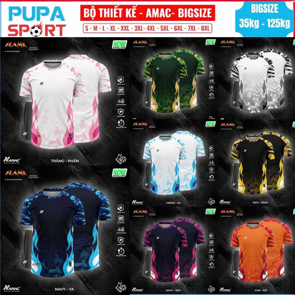 NEW [BIGSIZE 35 - 125kg] Bộ Đồ Đá Banh Không Logo Amac FLAME - Nhiều Màu, Vải Mè Lục Giác Cho Nam Nữ, Có In Tên Unisex S