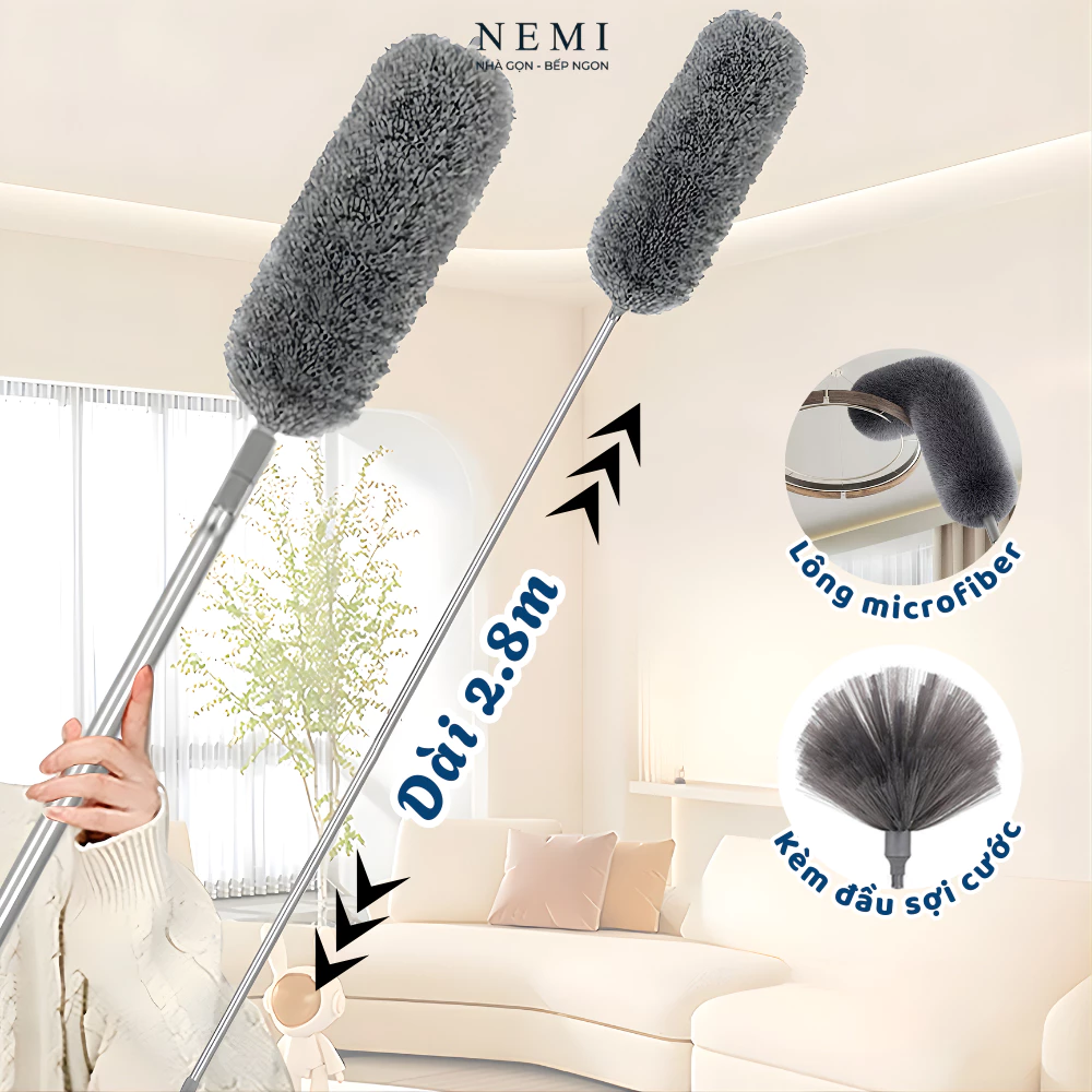 Chổi Quét Trần Nhà, Mạng Nhện NEMI Có Điều Chỉnh Độ Dài Tới 2,8m, Cây Phất Trần, Lau Bụi Bẩn