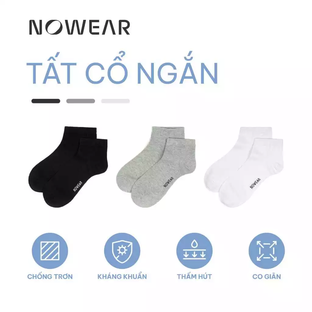 Combo 3 Đôi Tất Vớ Nam Cổ Ngắn NOWEAR - Cotton Co Giãn, Mềm Mại, Thoáng Khí