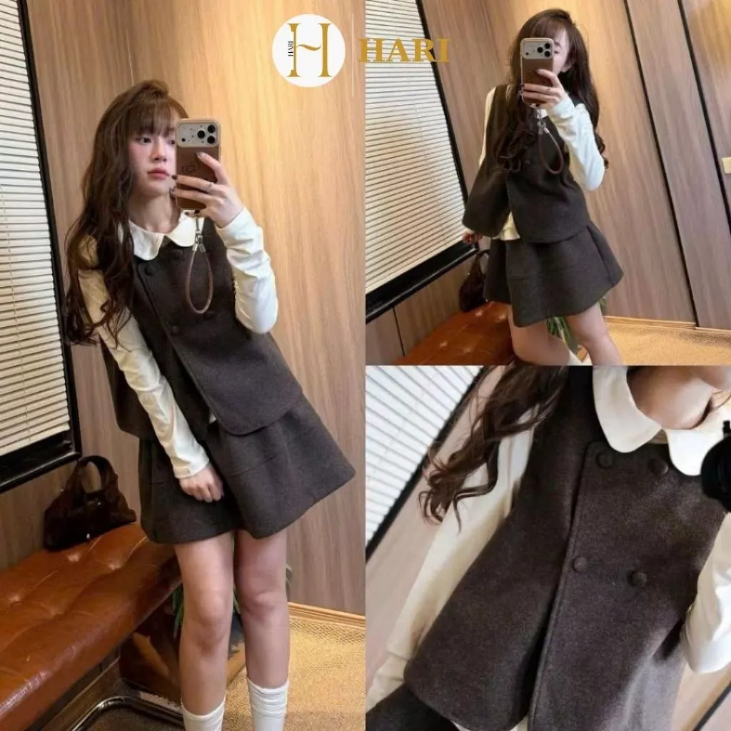 Set Dạ Hari 2 Chi Tiết Áo Gile 4 cúc + Chân Váy Cạp Chun Chất Dạ Phong Cách Thời Trang Mùa Thu Đông (Ko kèm áo trong)