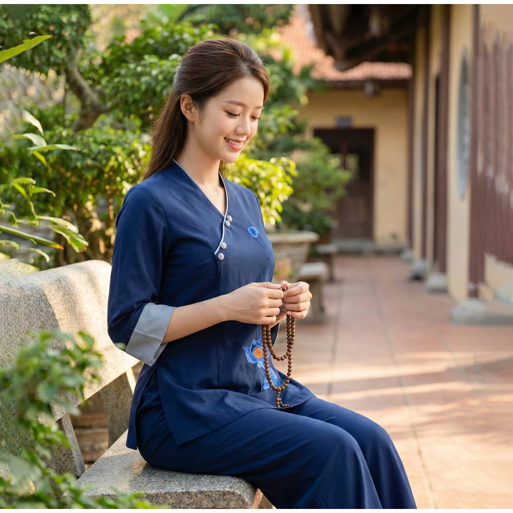 Set đồ lam lụa nhật thêu sen mềm mịn đẹp sang trẻ tuổi lớn tuổi đều mặc đẹp