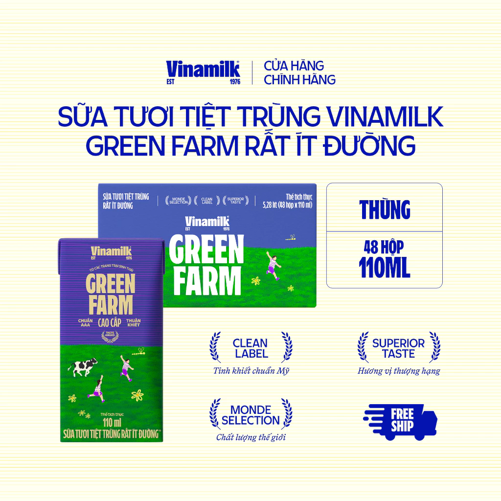 [AFF] Thùng 48 hộp Sữa tươi Tiệt Trùng Vinamilk Green Farm rất ít đường 110ml