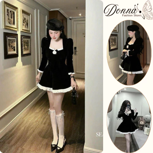 Váy nữ, đầm nữ DONNA HCOM3528 cổ vuông đính hoa trà tay dài dáng xoè viền bèo trắng tiểu thư sang chảnh
