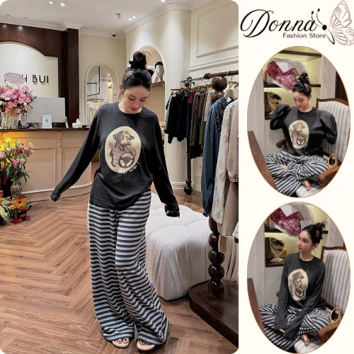 Set đồ nữ, đồ bộ nữ DONNA HCOM26840 áo thun dài tay mix quần suông kẻ form rộng