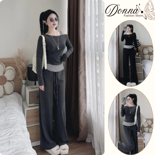 Set đồ nữ, đồ bộ nữ DONNA HCOM26742 áo trễ vai mix quần suông trẻ trung, năng động