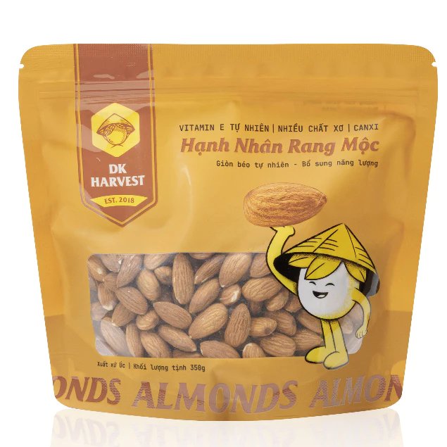 Hạnh Nhân Rang Mộc DK Harvest Nhập Khẩu Úc Túi 350g- Size 23-25 Hạt/Oz Loại Lớn, Hạt Dinh Dưỡng Ăn Kiêng Keto, Quà Tặng