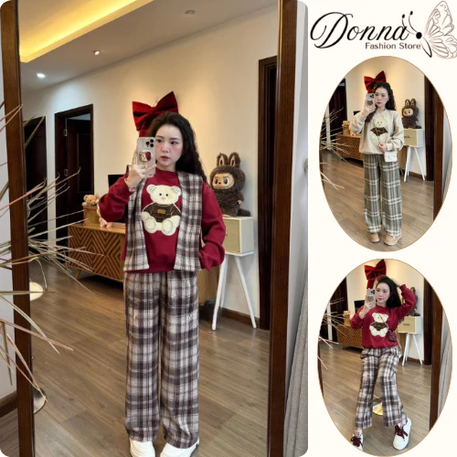 Set đồ nữ, đồ bộ nữ DONNA HCOM3508 áo nỉ in hình gấu dễ thương phối khăn mix quần suông kẻ caro