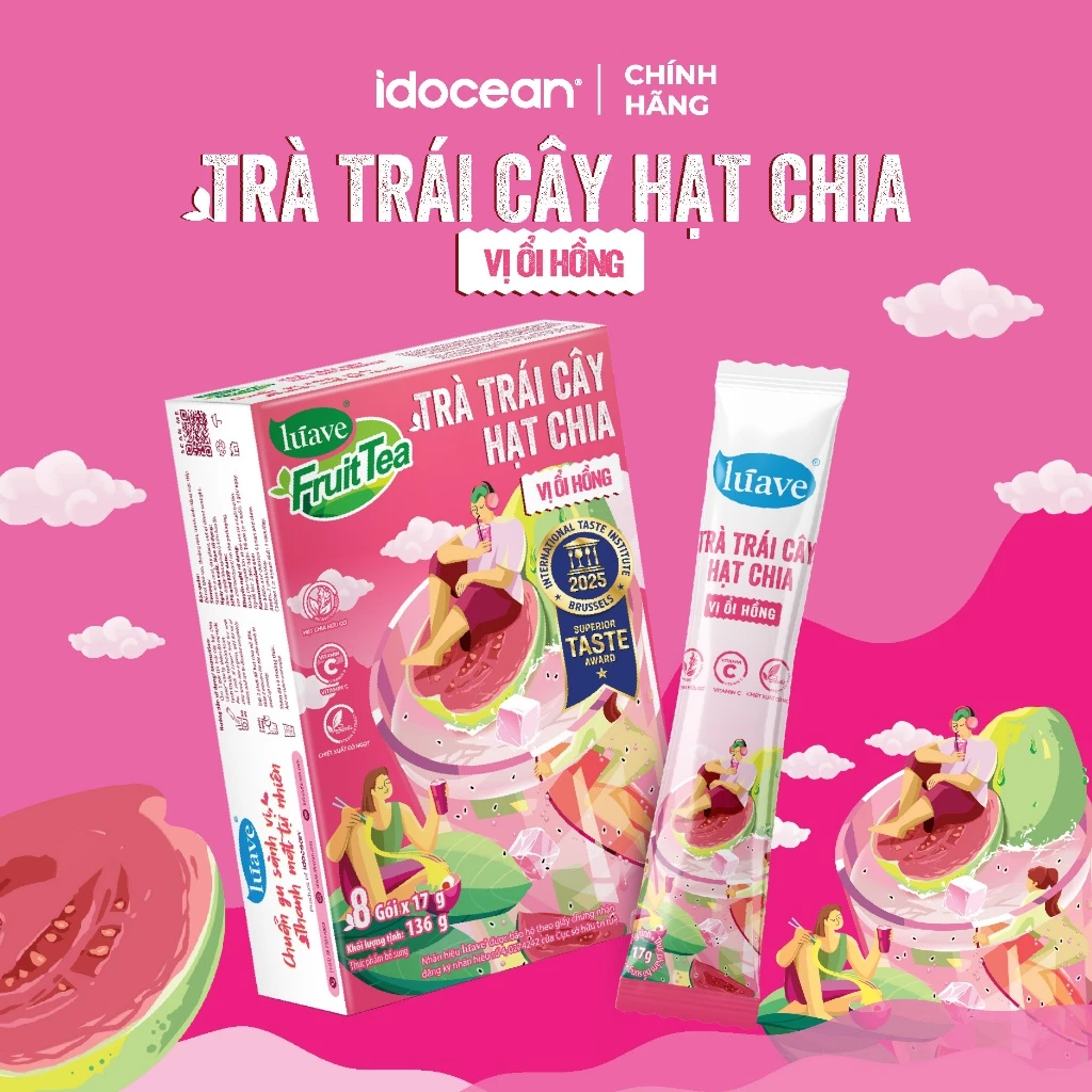 Hộp 8 ly trà trái cây hạt chia Lúave vị ổi hồng – Chiết xuất lá trà tươi, giàu vitamin C, ngọt bùi tự nhiên