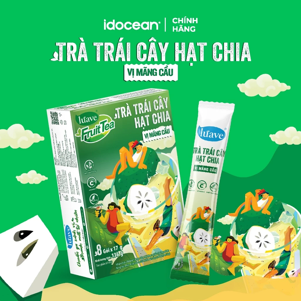 Hộp 8 ly trà trái cây hạt chia Lúave vị mãng cầu – Chiết xuất lá trà tươi, giàu vitamin C, chua ngọt thanh mát