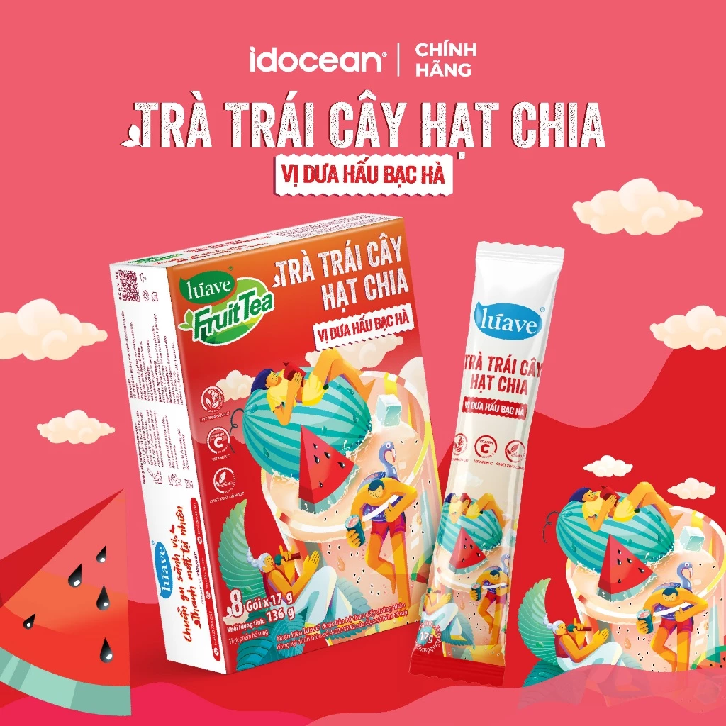 Hộp 8 ly trà trái cây hạt chia Lúave vị dưa hấu bạc hà – Chiết xuất lá trà tươi, giàu vitamin C, thanh mát tự nhiên