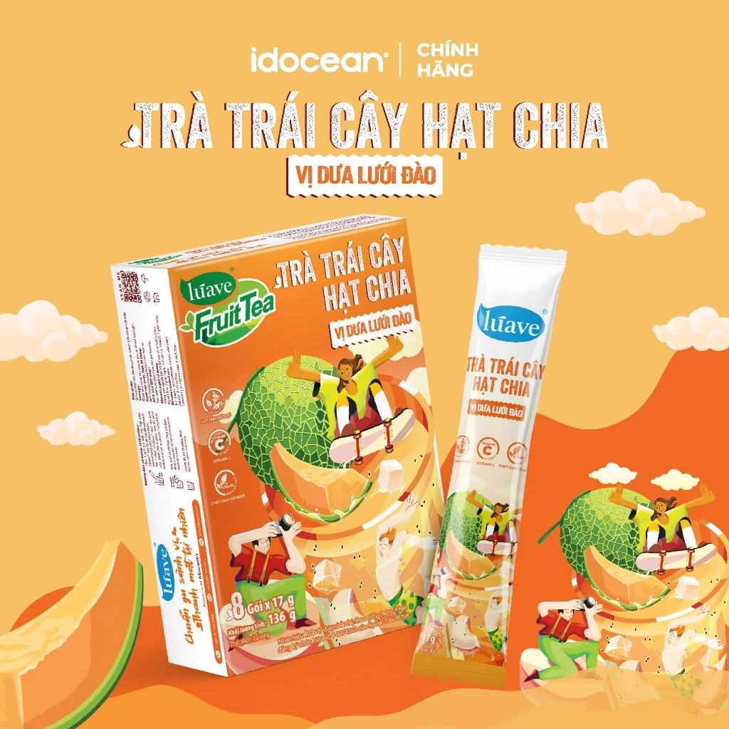 Hộp 8 ly trà trái cây hạt chia Lúave vị dưa lưới đào – Chiết xuất lá trà tươi, giàu vitamin C, ngọt thanh thơm dịu