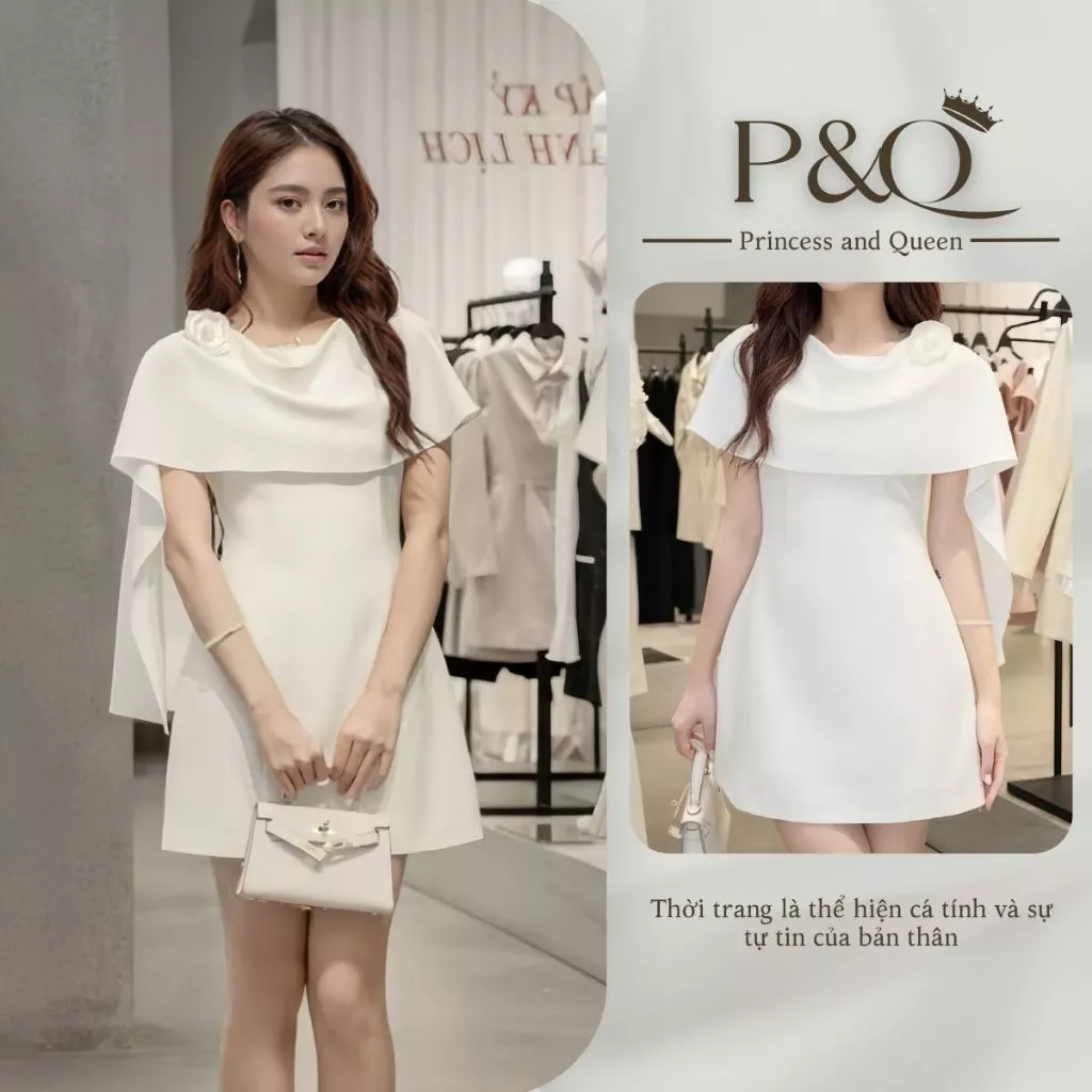 Đầm tiểu thư P&Q cổ giả vắt vai đính hoa dáng chữ A màu trắng hoặc hồng thanh lịch dịu dàng | vd0101