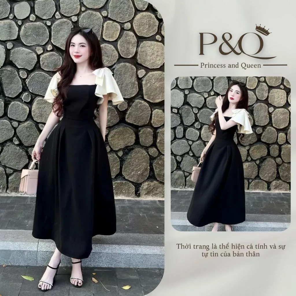 Váy đầm đen dự tiệc P&Q cổ vuông phối tay bèo tầng đính nơ xinh xắn dáng dài sang trọng | vd0102