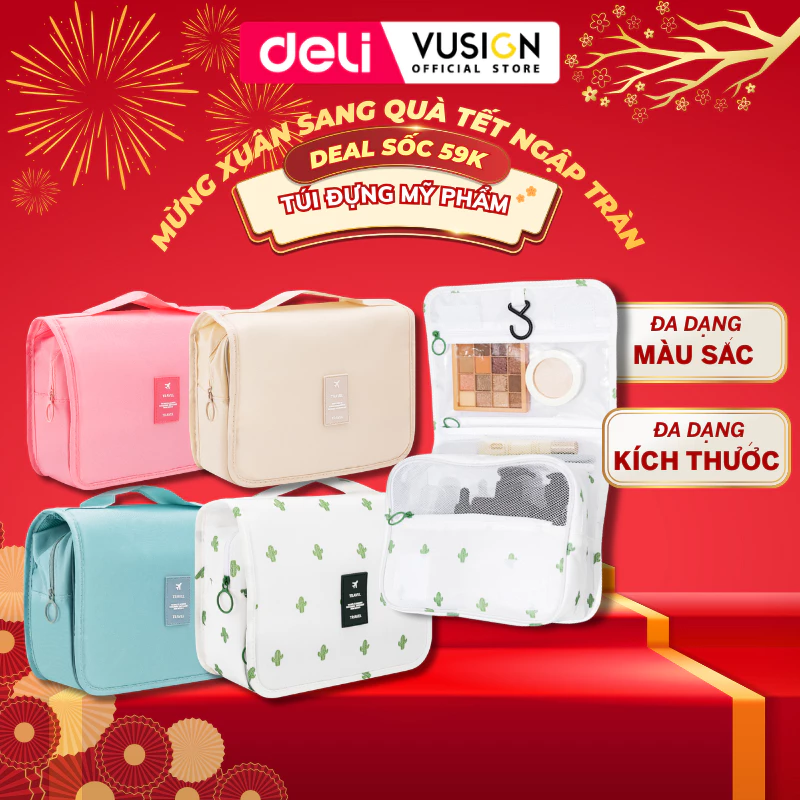 Túi đựng mỹ phẩm du lịch size to có móc treo Deli, túi đựng đồ cá nhân đồ trang điểm đa năng chống thấm nước